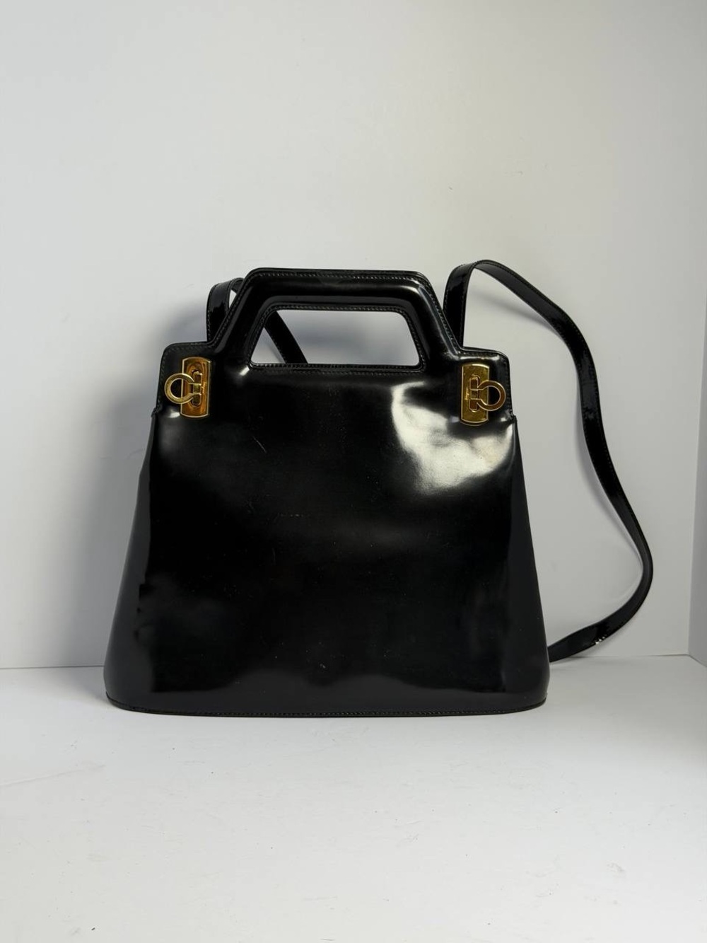 Salvatore Ferragamo Wanda Glossy Black Patent Leather Top Handle Bag